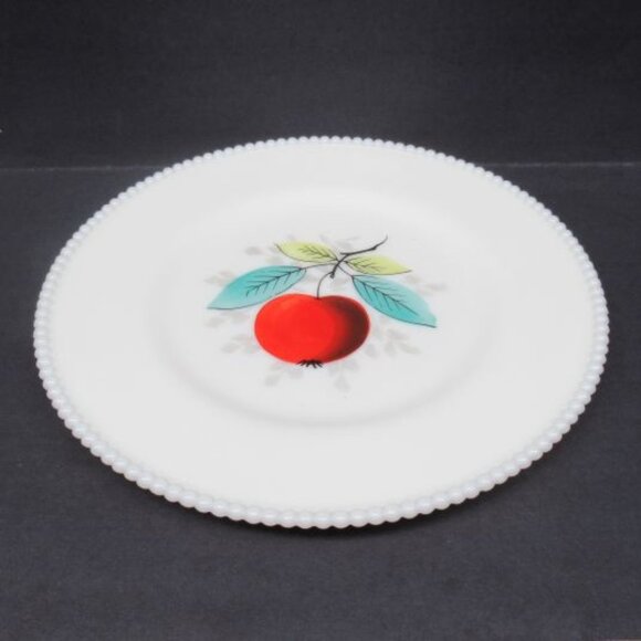 Westmoreland Milk Glass BEADED EDGE 10 1/4 Inch Hand Painted APPLE Plate - Picture 2 of 4